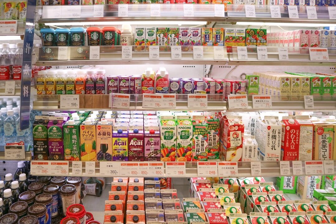supermarket shelves with products